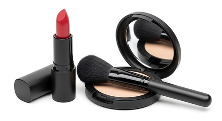 Elegance in Beauty: The image showcases a classic ensemble of essential makeup tools: a vibrant red lipstick, a compact mirror, and a makeup brush, all harmonizing with timeless sophistication.