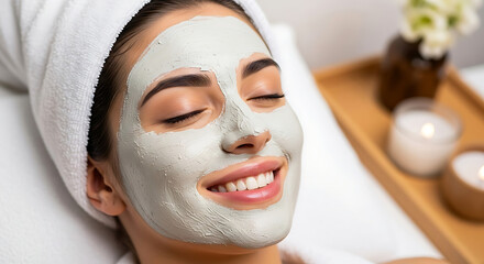 Serene Spa Experience: Close-up of a serene woman with eyes closed, indulging in a luxurious facial mask treatment. This image evokes a sense of relaxation, beauty and well-being.