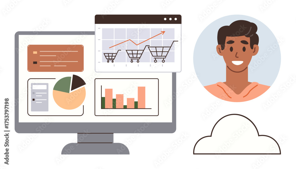 Wall mural computer screen displaying charts, graphs, and data visuals alongside a user profile and cloud icon.