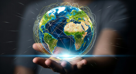 Global Connection: A hand cradles a radiant globe, symbolizing interconnectedness, innovation, and the pursuit of global solutions. The image depicts an era of boundless possibilities, innovation.