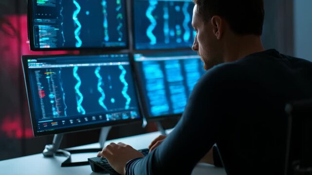 Researcher analyzing genomic sequences on multiple screens highlighting DNA patterns in vibrant colors for advanced bioinformatics data processing methods
