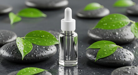 Serene Essence: A single glass dropper bottle stands amidst carefully arranged smooth, dark stones adorned with fresh green leaves, embodying the essence of natural care and tranquility.
