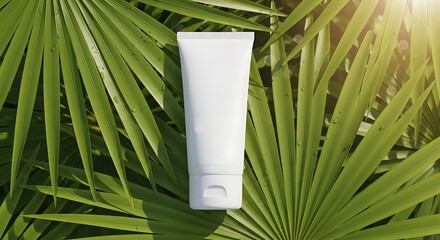 Serene Skincare Essence: A pristine tube of skincare product rests amidst vibrant, natural leaves, evoking a sense of freshness and purity.