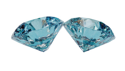 Fototapeta premium Two light-blue, cut diamonds, side-by-side, against a black background. Detailed facets and reflections are visible
