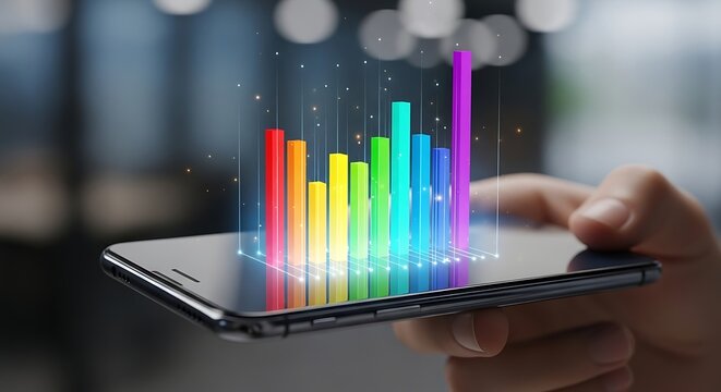 Modern Data Visualization: A close-up shot captures a person's hand holding a smartphone with a vibrant, holographic data graph emerging.