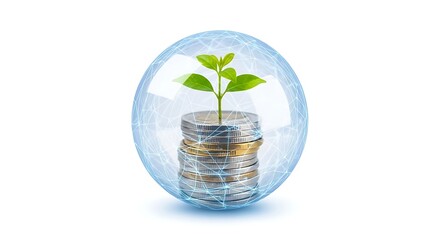 Financial Growth Concept: A verdant sprout emerges from a stack of coins, enclosed within a protective sphere, symbolizing financial growth, investment, and security.