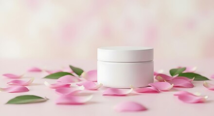 Elegant skincare container: A pristine white skincare container, elegantly nestled among delicate pink flower petals. The image emanates a sense of purity.