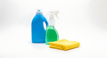 Cleaning Supplies: A set of cleaning products, including detergent, spray bottle, and cloth, presented on a clean surface, symbolizing household cleanliness and hygiene.