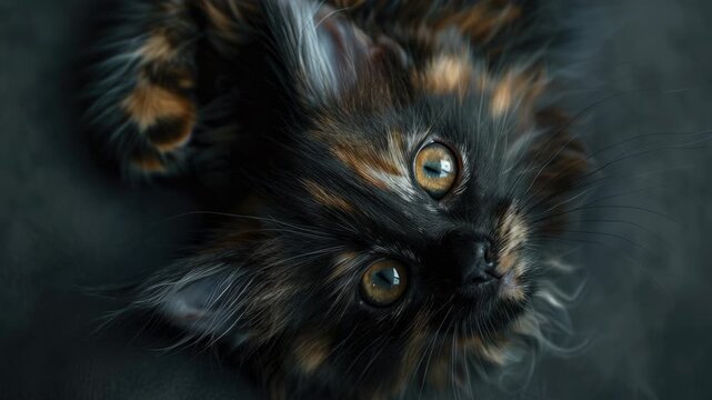 A young kitten looking intently at the camera with its striking eyes and adorable fur patterns.