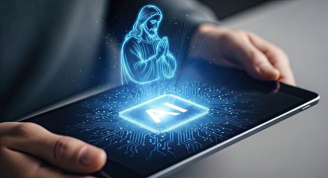 Artificial Intelligence and Religion: Hologram of Jesus Christ Praying Above a Tablet with AI Symbol. Religious Chatbot in Priest's Hands