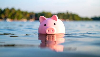 Piggy Bank Afloat: A charming piggy bank bobs serenely in the water, symbolizing savings and financial security amidst tranquil blue waves. This image brings a gentle reminder of financial stability.