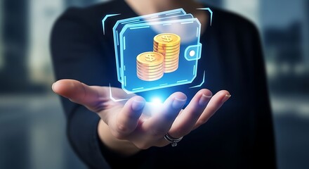 Digital Finance: A hand cradles a shimmering digital wallet filled with gold coins, symbolizing the future of finances. Capturing the essence of digital currency.