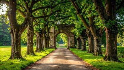 Avenue to Serenity: A picturesque stone archway frames the end of a long, tree-lined avenue, creating a captivating path towards tranquility. This scene evokes a sense of peaceful journey.