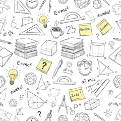 Education Doodle Pattern &ndash; Sketch of Books, Question Marks, and Science Symbols