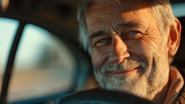 A  of a man driving a car, looking off to the side with a thoughtful look on his face.
