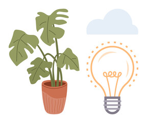 Monstera plant in terracotta pot, glowing lightbulb with dotted outline, and soft cloud. Ideal for eco-friendly living, creativity, growth, sustainability, innovation ideas and inspiration. A