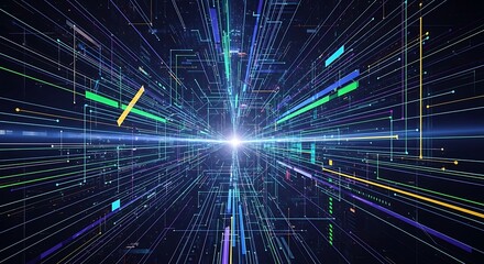 Abstract Digital Network Tunnel with Glowing Light Streaks.