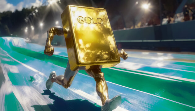 A depiction of a gold bar running a race. A metaphor for the rising value or market for precious metals or investments. Creative economy illustration.