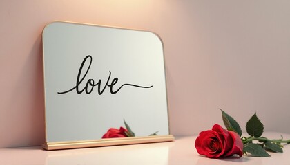 Mirror with handwritten “love” and red rose on pink background, Valentine’s Day (copy space)