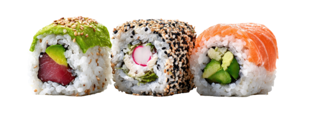 Three sushi rolls, showcasing a variety of fillings