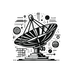 Satellite dish receiving signals amidst cosmic backdrop