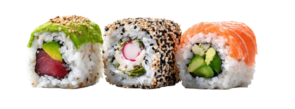 Three sushi rolls, showcasing a variety of fillings