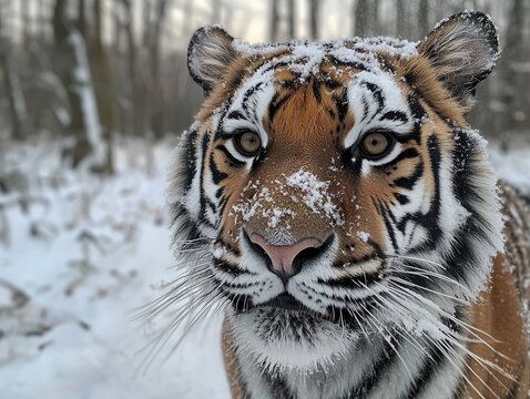 Close-up of a beautiful Siberian tiger in a snowy forest, portrait close-up - Powered by Adobe