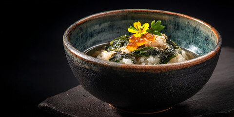 Chazuke in dish on black background