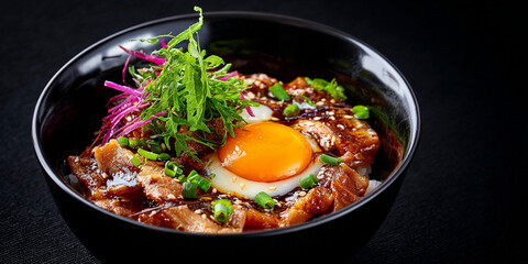 Donburi in dish on black background