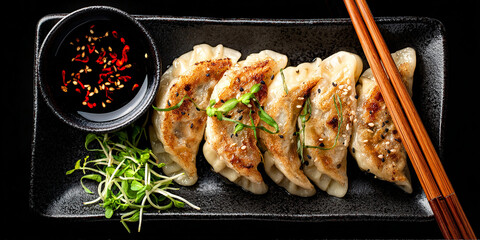Gyoza in dish on black background