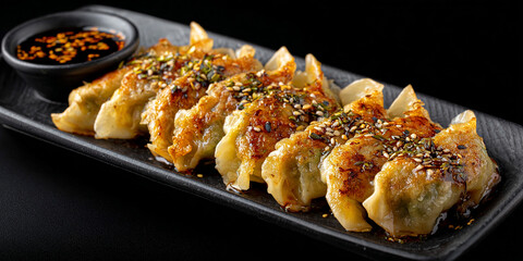 Gyoza in dish on black background