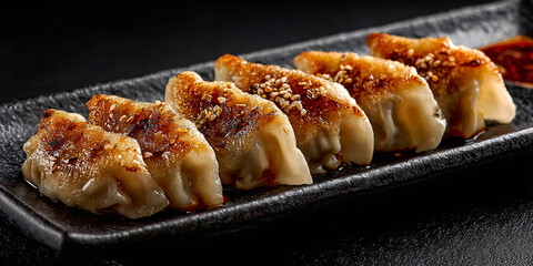 Gyoza in dish on black background