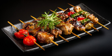Yakitori in dish on black background