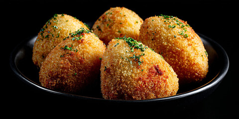 Korokke in dish on black background