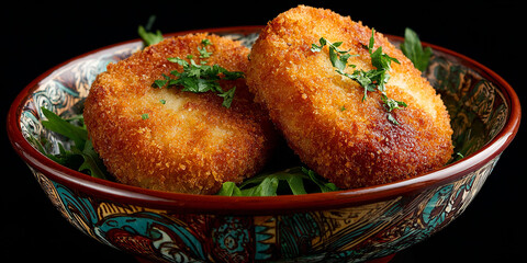 Korokke in dish on black background