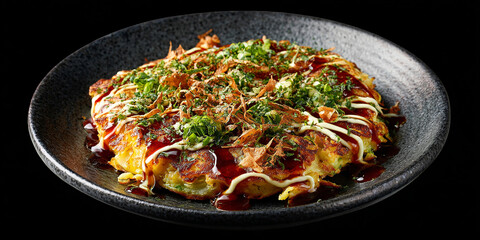 Okonomiyaki in dish on black background