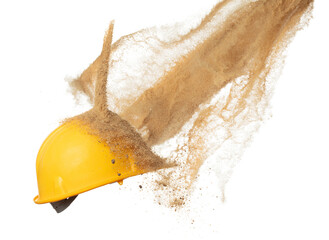 Construction supply equipment Sand fall into safety hard yellow hat as accident. Safety Hat protect supply sand from accident falling hit head. White background isolated