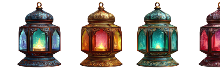 Three ornate, decorative lanterns in different color variations, each with a glowing light source inside