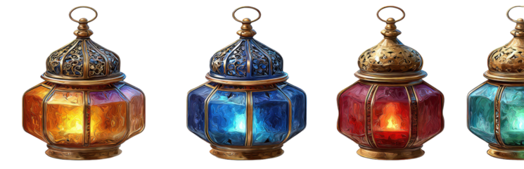 Four ornate, colorful lanterns, each with a decorative metal top and a multifaceted glass body, displaying different colored flames