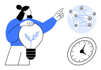 Woman pointing at a network globe, holding an idea-filled lightbulb next to a clock. Ideal for innovation, time management, sustainability, global communication, teamwork, leadership, technology