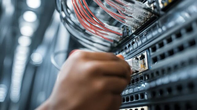 Technician connecting cables to a managed network switch in a modern data center environment ensuring efficient data flow and remote network management capabilities.