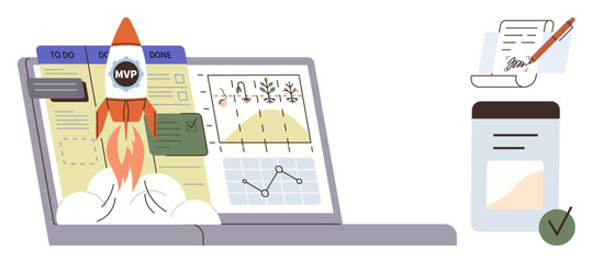 Rocket launching from laptop screen with MVP badge, charts, tasks, to-do lists, and graphs. In the background, a signed document and checklist. Ideal for productivity, business growth startup