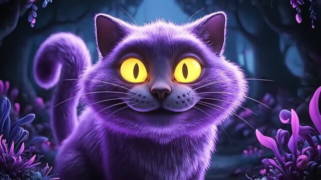 A whimsical purple cheshire cat with glowing yellow eyes in a magical forest