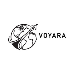 Minimalist black travel logo – stylized globe with airplane trail and bold VOYARA text for aviation branding, tourism design, and global connectivity visuals.