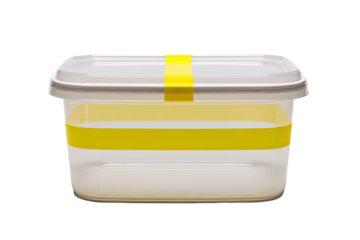 A light beige, rectangular plastic food storage container with a clear interior and a bright yellow band.  It has a matching lid