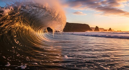 Golden Hour Ocean Wave Breaking on a Scenic Beach with Coastal Cliffs.