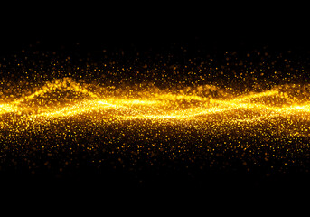 Fototapeta premium A glowing golden wave of particles shimmering against a dark black background.