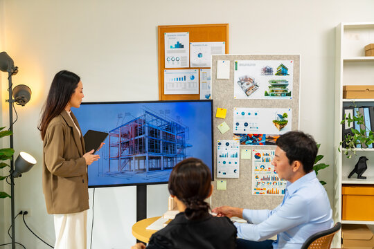 Corporate business team meeting discussion with project manager in office conference room. Group of Architect teamwork working production plan with presentation 3D architectural construction model.