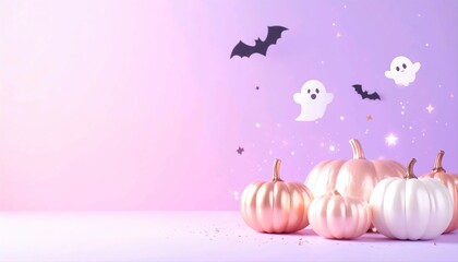 Cute pastel Pinkoween background with pink pumpkins ghosts and sparkles in dreamy style