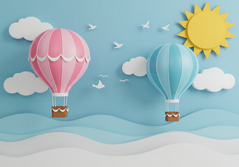 Two colorful hot air balloons float above stylized ocean waves and clouds under a bright sun.